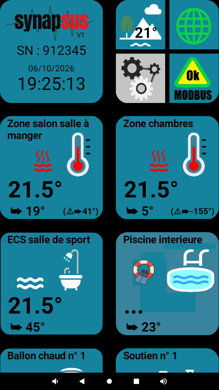 Home screen: weather, heat pump and communication status, zone tiles